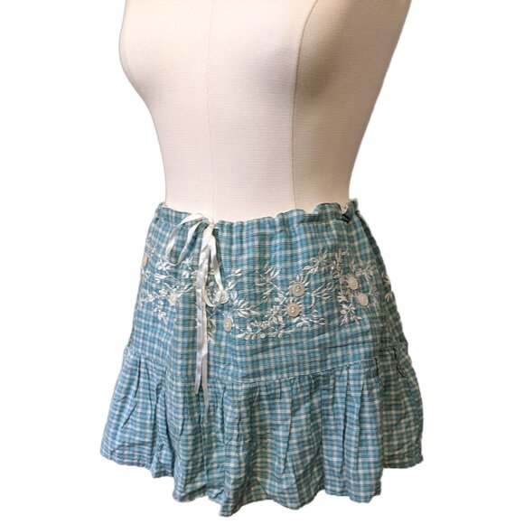 Vintage Y2K Blue Paid Mini Skirt Coquette Embroidered Ribbon Lined Button L - Picture 2 of 9